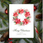 Red Watercolor Style Poinsettia Wreath Christmas Holiday Card<br><div class="desc">A sweet watercolor style Christmas wreath of red berries and poinsettia flowers looks simple and elegant with classic type on this classic holiday card featuring a photo and space for a longer message on the back side of this flat card.</div>