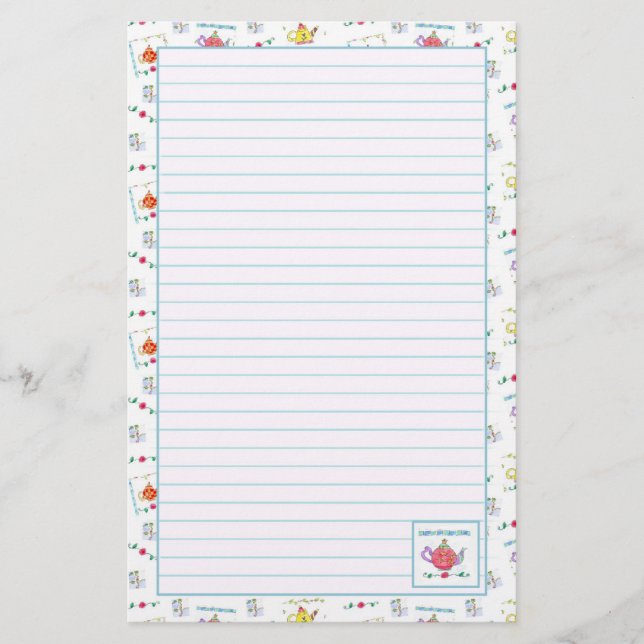 Red Watercolor Teapot Blue Lined Stationery (Front)