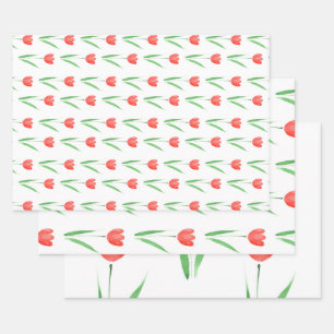 Red Watercolor Tulip Pattern   Wrapping Paper Sheet