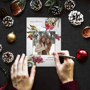 Red Watercolor Winter Berries in Snow Photo Tri-Fold Card