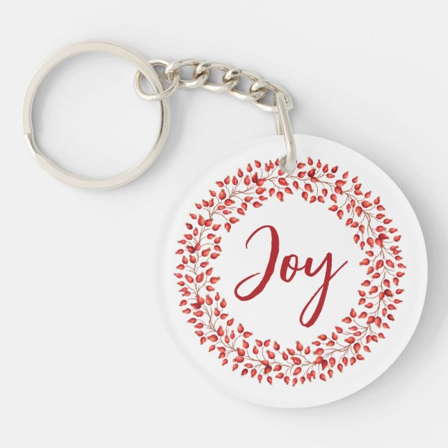 Red Watercolor Wreath Joy Christmas Logo Gift.  Keychain (Front)