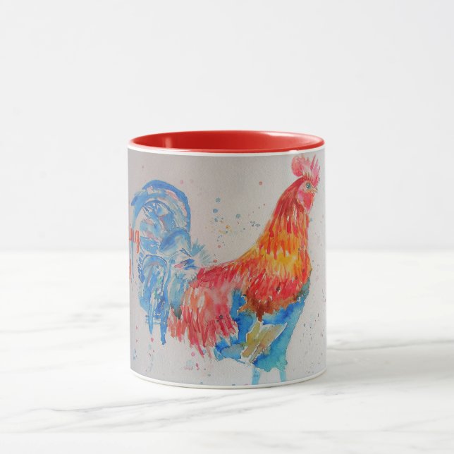 Red Watercolour Rooster Good Morning Sunshine Mug (Center)