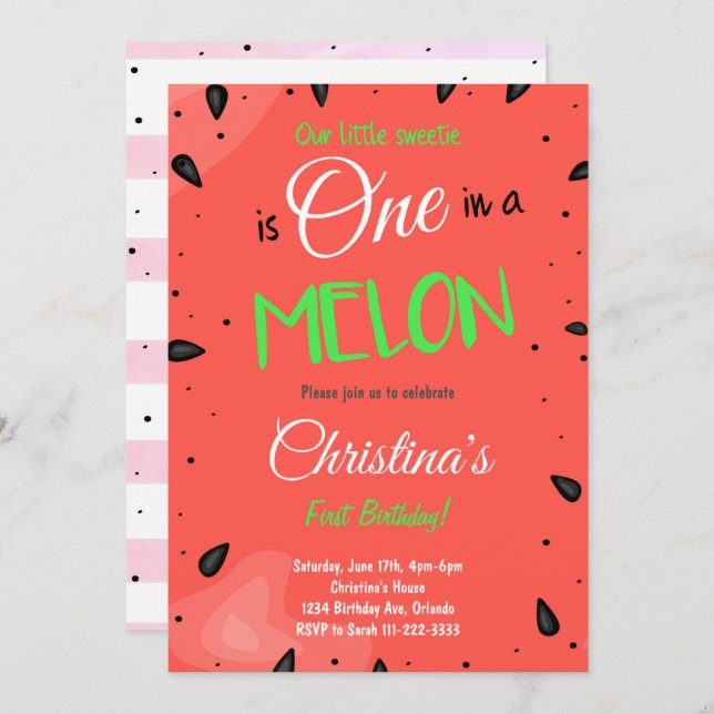 Red Watermelon 1er anniversaire Invitation (Devant / Derrière)
