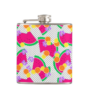 Red Watermelon Yellow Lemons Tropical on White Hip Flask