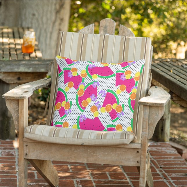 Red Watermelon Yellow Lemons Tropical on white Outdoor Pillow (Chair)