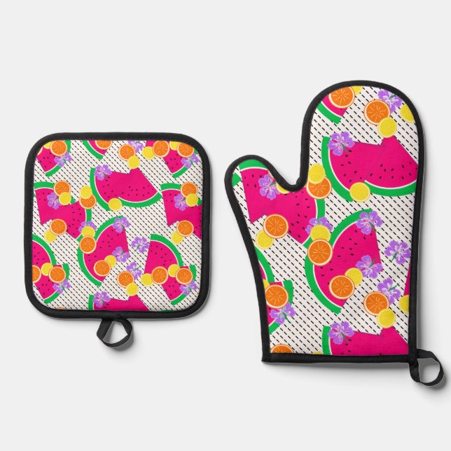 Red Watermelon Yellow Lemons Tropical Oven Mitt & Pot Holder Set (Front)