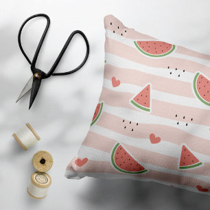 Red Watermelons, Hearts, Stripes, Summer Pattern Accent Pillow