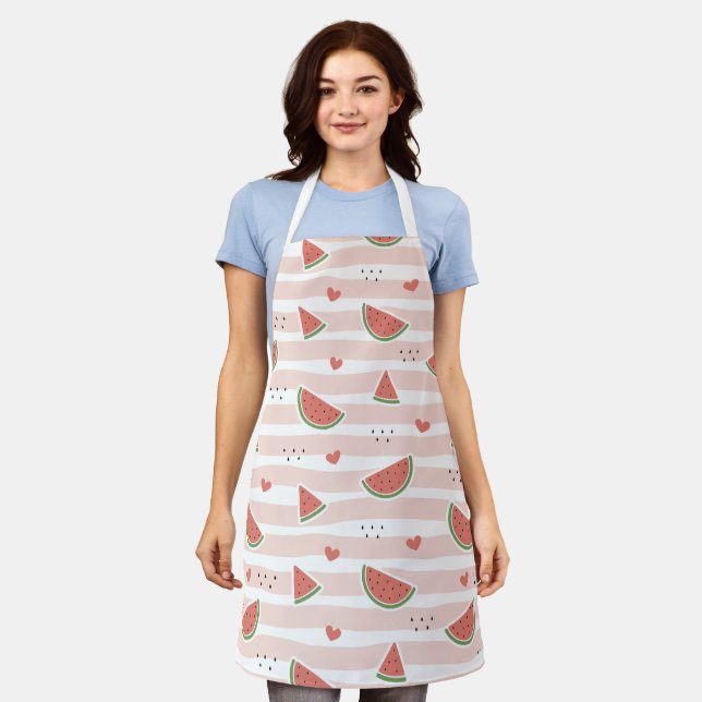 Red Watermelons, Hearts, Stripes, Summer Pattern Apron (Worn)