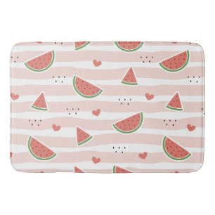 Red Watermelons, Hearts, Stripes, Summer Pattern Bath Mat