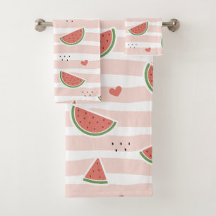 Red Watermelons, Hearts, Stripes, Summer Pattern Bath Towel Set