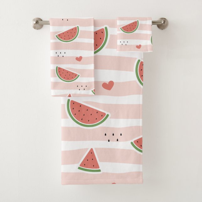 Red Watermelons, Hearts, Stripes, Summer Pattern Bath Towel Set (Insitu)
