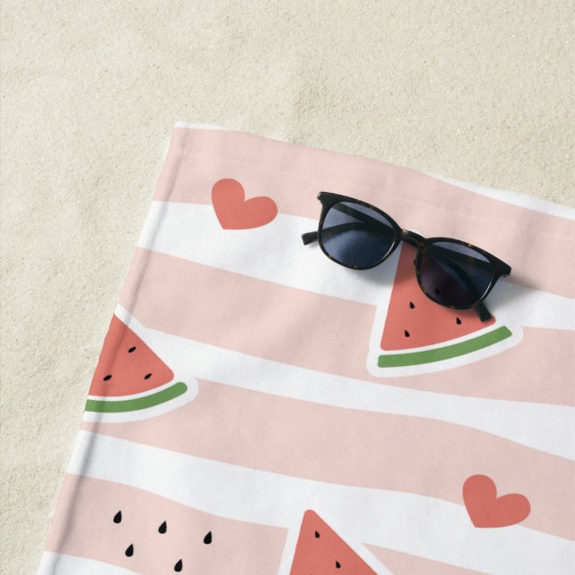 Red Watermelons, Hearts, Stripes, Summer Pattern Beach Towel (In Situ)
