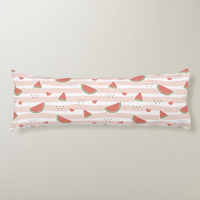Red Watermelons, Hearts, Stripes, Summer Pattern Body Pillow (Front)