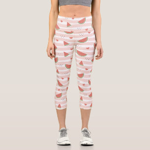 Red Watermelons, Hearts, Stripes, Summer Pattern Capri Leggings