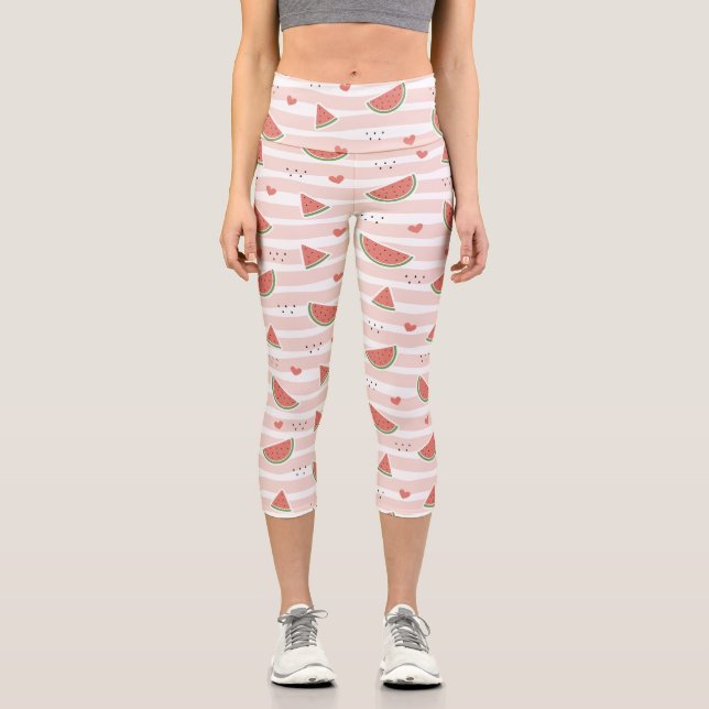 Red Watermelons, Hearts, Stripes, Summer Pattern Capri Leggings (Front)