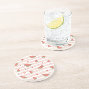Red Watermelons, Hearts, Stripes, Summer Pattern Coaster