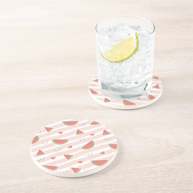 Red Watermelons, Hearts, Stripes, Summer Pattern Coaster (Side)
