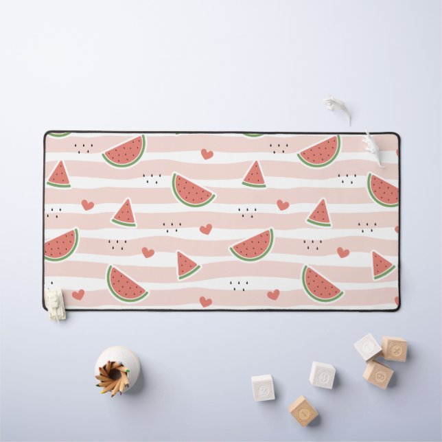 Red Watermelons, Hearts, Stripes, Summer Pattern Desk Mat (Kids Table)