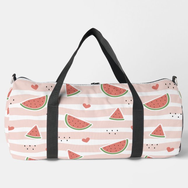 Red Watermelons, Hearts, Stripes, Summer Pattern Duffle Bag (Front)