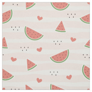 Red Watermelons, Hearts, Stripes, Summer Pattern Fabric