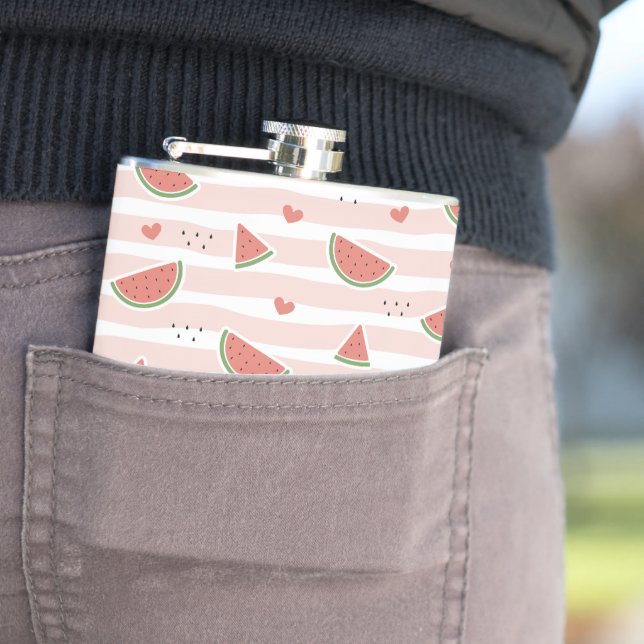 Red Watermelons, Hearts, Stripes, Summer Pattern Hip Flask (In Situ)