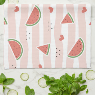 Red Watermelons, Hearts, Stripes, Summer Pattern Kitchen Towel