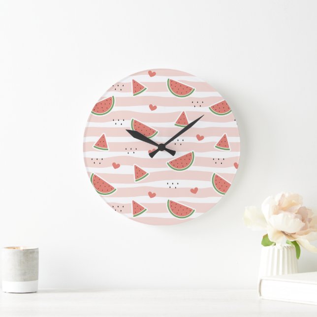 Red Watermelons, Hearts, Stripes, Summer Pattern Large Clock (Home)