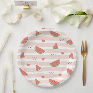Red Watermelons, Hearts, Stripes, Summer Pattern Paper Plate