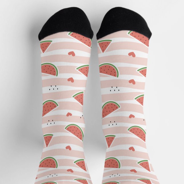Red Watermelons, Hearts, Stripes, Summer Pattern Socks (Top)