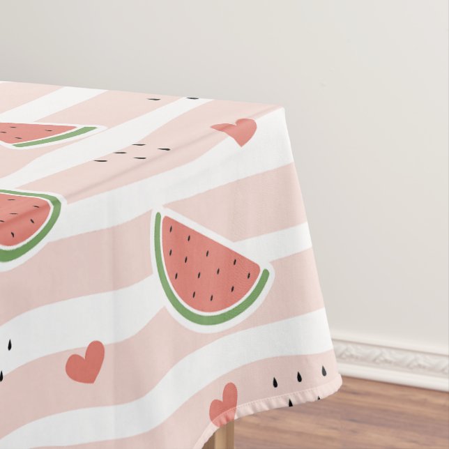 Red Watermelons, Hearts, Stripes, Summer Pattern Tablecloth (In Situ)