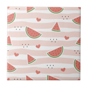 Red Watermelons, Hearts, Stripes, Summer Pattern Tile