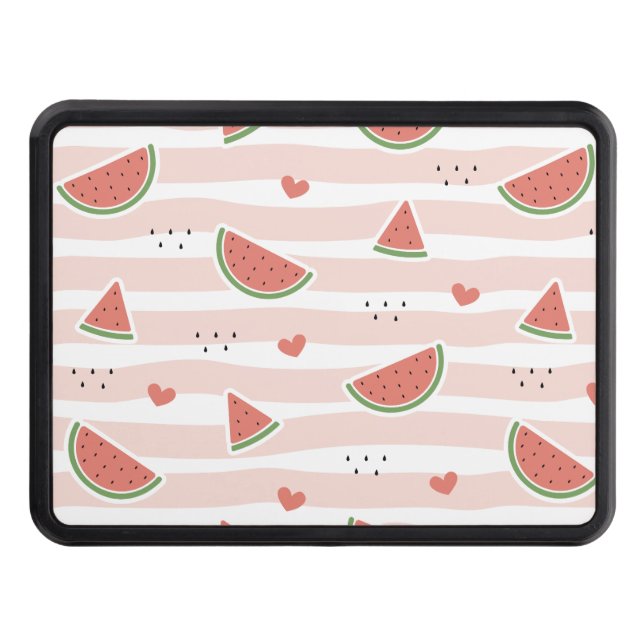 Red Watermelons, Hearts, Stripes, Summer Pattern Trailer Hitch Cover (Front)