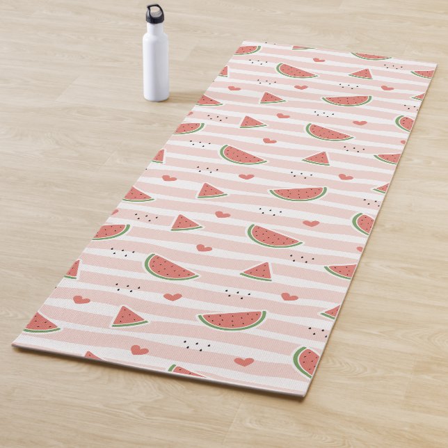 Red Watermelons, Hearts, Stripes, Summer Pattern Yoga Mat (In Situ)
