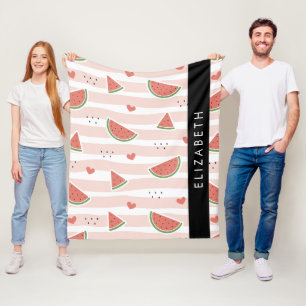 Red Watermelons, Hearts, Stripes, Your Name Fleece Blanket