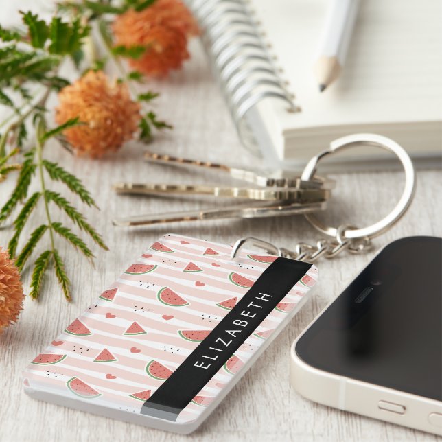 Red Watermelons, Hearts, Stripes, Your Name Keychain (Front Right)