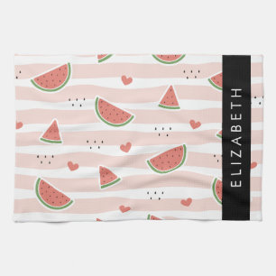 Red Watermelons, Hearts, Stripes, Your Name Kitchen Towel