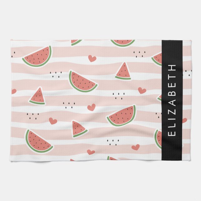 Red Watermelons, Hearts, Stripes, Your Name Kitchen Towel (Horizontal)