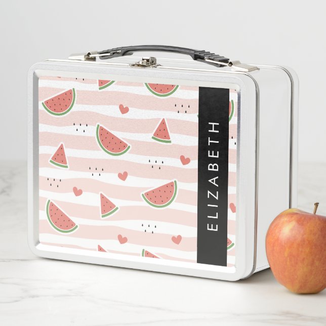Red Watermelons, Hearts, Stripes, Your Name Metal Lunch Box (In Situ)