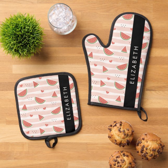 Red Watermelons, Hearts, Stripes, Your Name Oven Mitt & Pot Holder Set (Top Down)