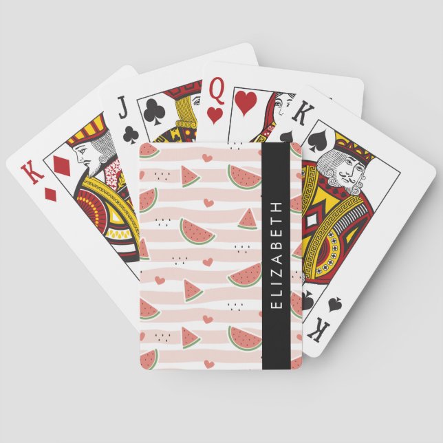 Red Watermelons, Hearts, Stripes, Your Name Playing Cards (Back)