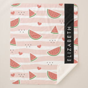 Red Watermelons, Hearts, Stripes, Your Name Sherpa Blanket