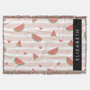 Red Watermelons, Hearts, Stripes, Your Name Throw Blanket