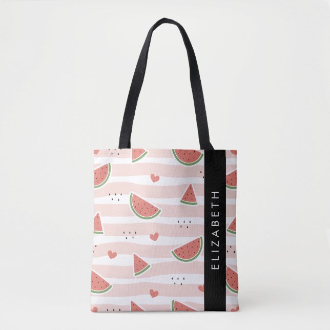 Red Watermelons, Hearts, Stripes, Your Name Tote Bag (Front)