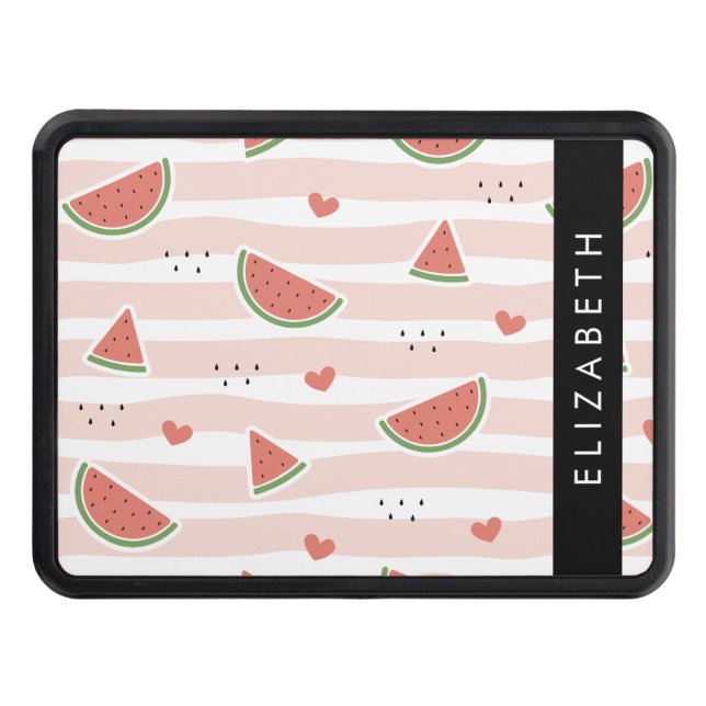 Red Watermelons, Hearts, Stripes, Your Name Trailer Hitch Cover (Front)