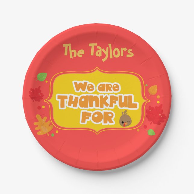 Red We are Thankful For Thanksgiving Paper Plate (Front)