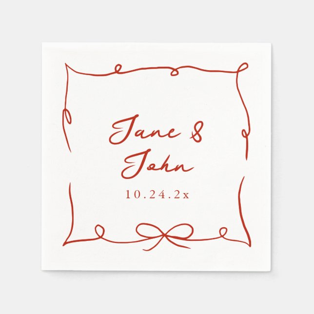 Red Wedding Cocktail Napkins with Red Bow Detail  (Front)