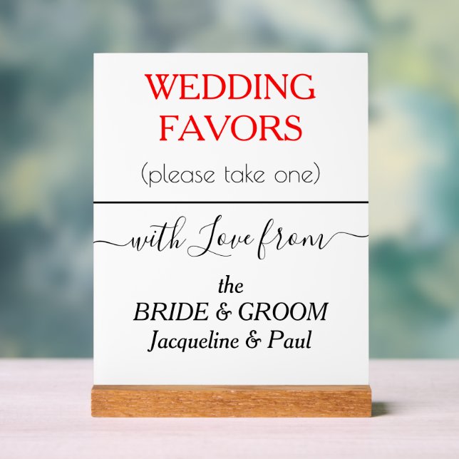 Red Wedding Favours Typography NAMES  Acrylic Sign (Neutral)