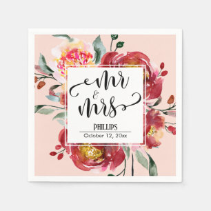 Red Wedding Flower Bouquet Mr & Mrs Script, Blush Napkin