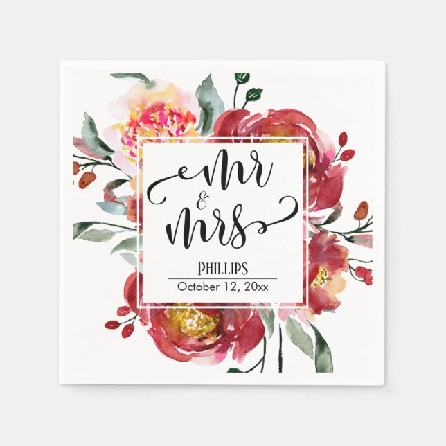 Red Wedding Flower Bouquet Mr & Mrs Typography Napkin (Front)