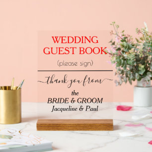 Red Wedding Guest Book NAMES Clear Acrylic Sign